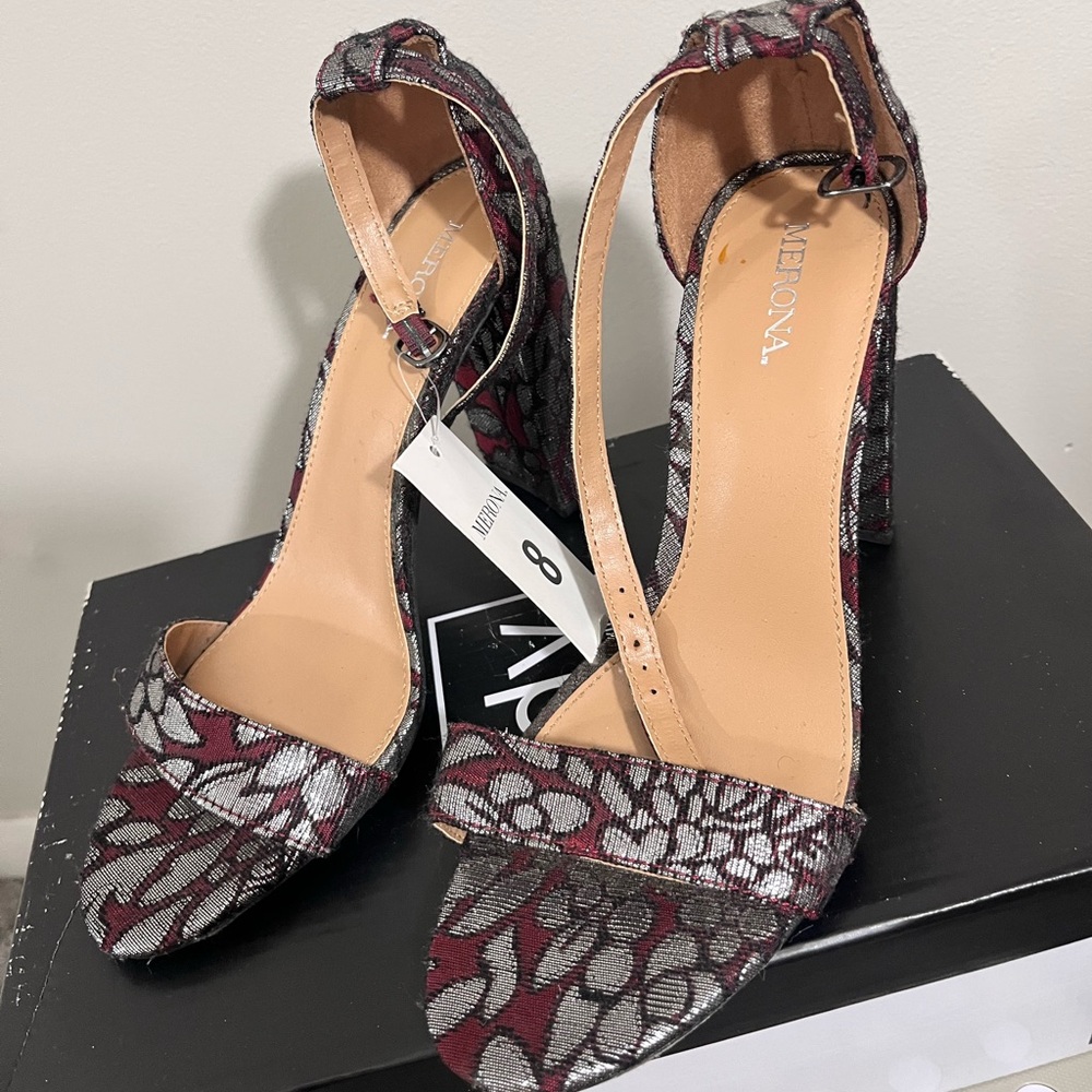 Merona Women's Burgundy and Silver Patterned Heels